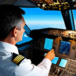 A highly detailed, realistic image of a professional pilot in a modern, sophisticated commercial aircraft cockpit. The pilot, fully clothed in a professional, modest uniform, is calmly monitoring illuminated digital displays and flight controls, observing the automatic flight control systems in action. The view through the cockpit window shows a clear blue sky. Professional photography, high resolution, soft ambient lighting. Perfect anatomy, correct proportions, natural pose, well-formed hands, proper finger count, natural body proportions. Safe for work, appropriate content, fully clothed, professional dress, family-friendly.