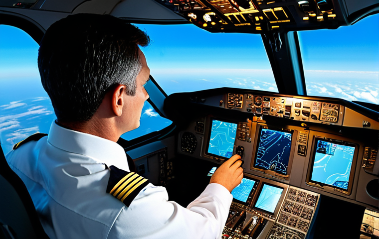 A highly detailed, realistic image of a professional pilot in a modern, sophisticated commercial aircraft cockpit. The pilot, fully clothed in a professional, modest uniform, is calmly monitoring illuminated digital displays and flight controls, observing the automatic flight control systems in action. The view through the cockpit window shows a clear blue sky. Professional photography, high resolution, soft ambient lighting. Perfect anatomy, correct proportions, natural pose, well-formed hands, proper finger count, natural body proportions. Safe for work, appropriate content, fully clothed, professional dress, family-friendly.