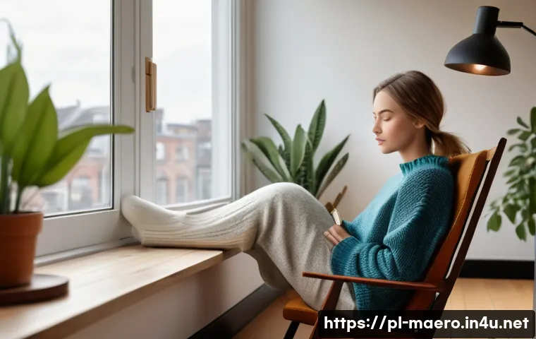 항공기 소음 문제 - **Prompt:** A cozy and serene indoor scene. A young woman (20s-30s) is comfortably seated in a soft,...