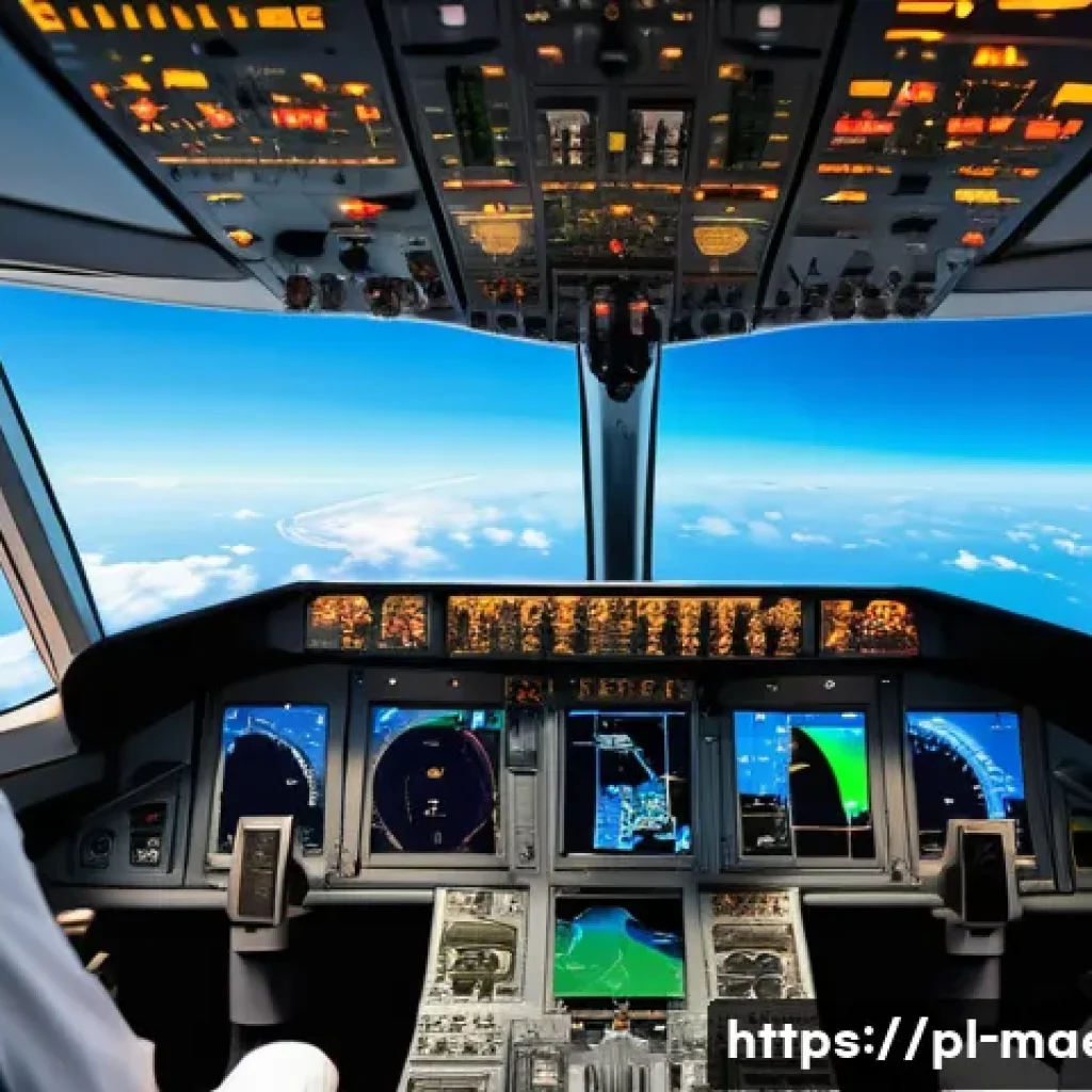 항공기 항법 및 통신 시스템 - A modern airplane cockpit interior showcasing advanced navigation and communication systems integrat...