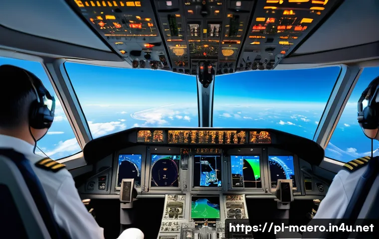 항공기 항법 및 통신 시스템 - A modern airplane cockpit interior showcasing advanced navigation and communication systems integrat...
