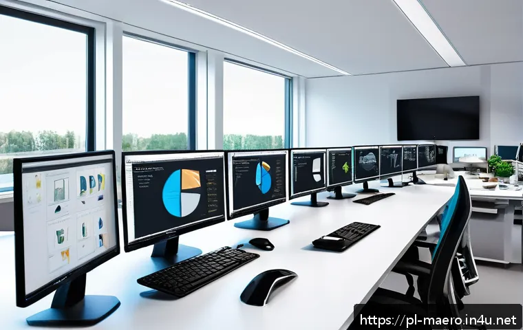 기계공학 CAD 시스템 - A modern engineering office workspace featuring a diverse team of mechanical engineers collaborating...