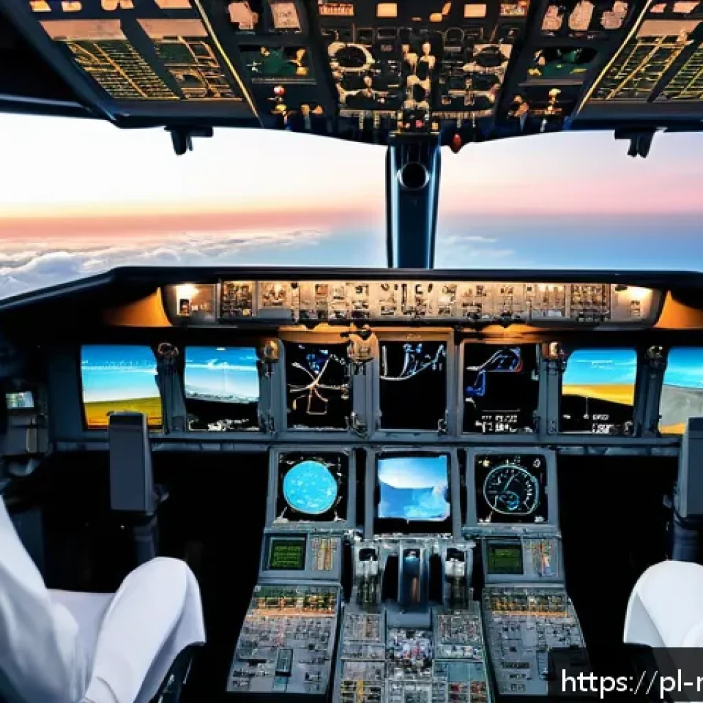 항공기 항법 시스템 - A highly detailed cockpit interior of a modern commercial aircraft during flight, showcasing advance...