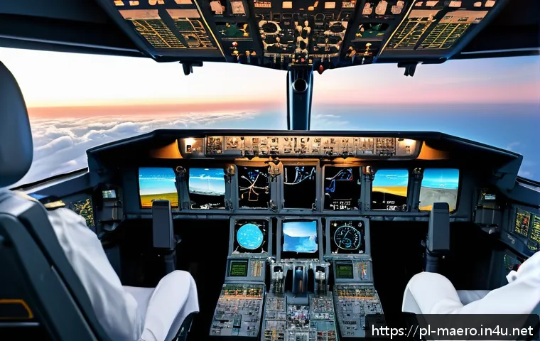 항공기 항법 시스템 - A highly detailed cockpit interior of a modern commercial aircraft during flight, showcasing advance...
