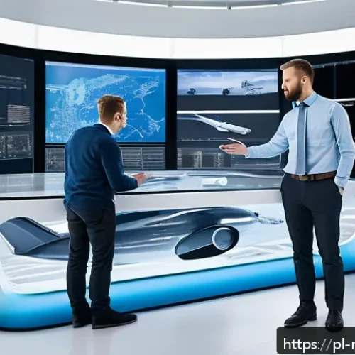 Home 17 항공기 설계 소프트웨어 - A high-tech aerospace engineering office interior showing engineers collaborating around a large int...
