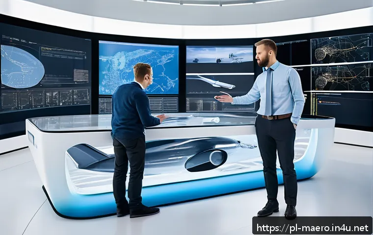 항공기 설계 소프트웨어 - A high-tech aerospace engineering office interior showing engineers collaborating around a large int...